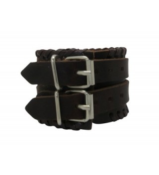 Wide Brown Leather Strap Buckle Adjustable Cuff Bracelet - CF11YL7JE61