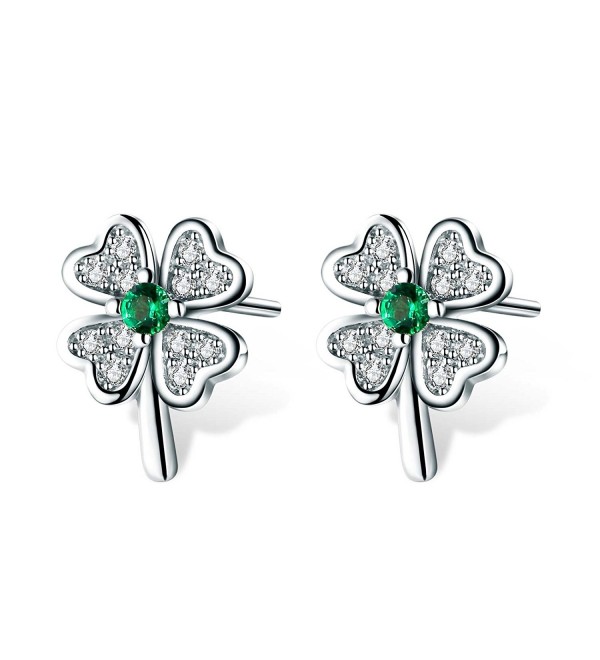 T400 Jewelers 925 Sterling Silver Four Leaf Clover Stud Earrings Made with Emerald Cubic Zirconia Luky Gift - CY186L23678