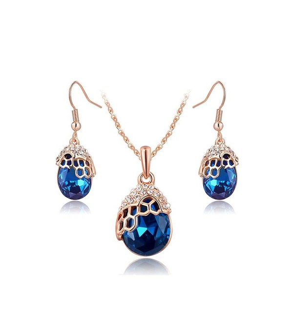 O4U Water Drop Genuine Austrian Blue Crystals Jewelry Set Rose Gold Plated Necklace Earrings Sets - C112B61I3N9