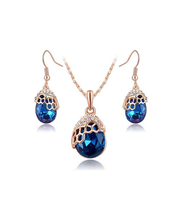 O4U Water Drop Genuine Austrian Blue Crystals Jewelry Set Rose Gold Plated Necklace Earrings Sets - C112B61I3N9