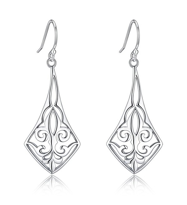 Highly Polished Sterling Silver Filigree Dangle Drop Earrings Inspired By Fleur De Lis - CO17Y0YKQTW