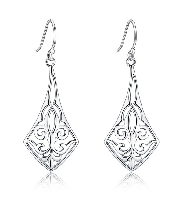 Highly Polished Sterling Silver Filigree Dangle Drop Earrings Inspired By Fleur De Lis - CO17Y0YKQTW