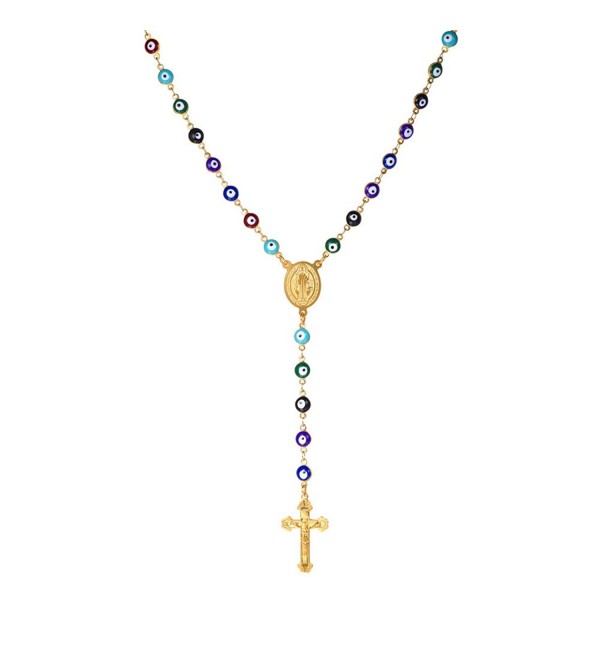 Women Mens Colorful Evil Eye Beaded Rosary Necklace With Crucifix and Medal - CP12HOSBNN5