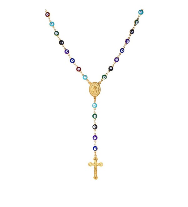 Women Mens Colorful Evil Eye Beaded Rosary Necklace With Crucifix and Medal - CP12HOSBNN5