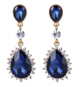EleQueen Women's Gold-tone Austrian Crystal Party Double Teardrop Dangle Earrings - Gold-tone Sapphire Color - CO1268XQEM7