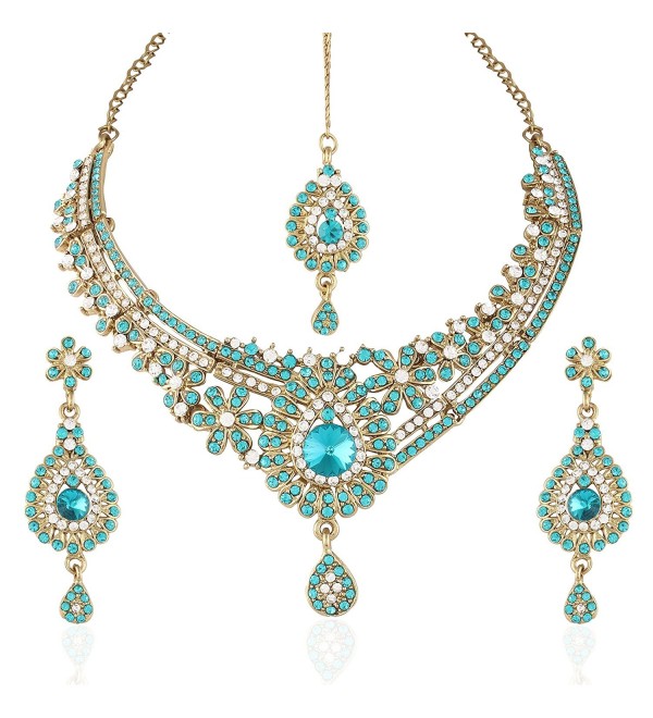 I Jewels Women's Traditional Gold Plated Stone Necklace Set With Maang Tikka Blue - C711X98NOZZ