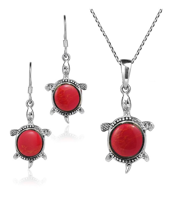 Happy Turtles Reconstructed Red Coral .925 Stering Silver Necklace Earrings Set - CN12L0JDNY1