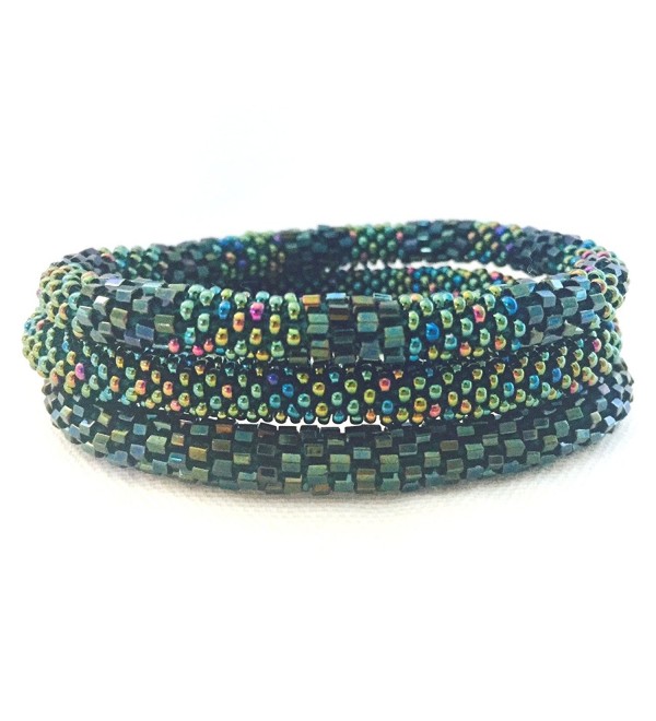 Assorted Shades of Metallic Green Beaded Handmade Bracelets Set- Roll on Your Wrist- Seed Bead Bracelet - CN11HA4ECS1