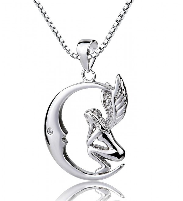 Sterling Silver Fairy with Angel Wings Face to Moon Pendant Necklace- 18'' - CJ12F2PFLSZ