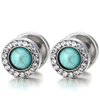 Men Women Steel Stud Earring- Illusion Tunnel Plugs Gauges- Blue Synthetic Turquoise and CZ- 2pcs - CU182WD0HA6