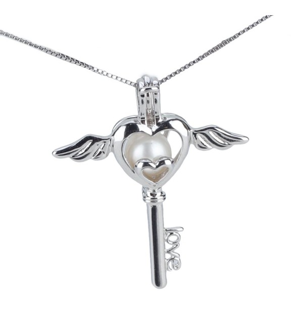 Angel Heart Key 925 Sterling Silver Locket Pendant Necklace with 6-7mm Round Akoya Cultured Pearl 16" 18" - CF120QZWHQ5
