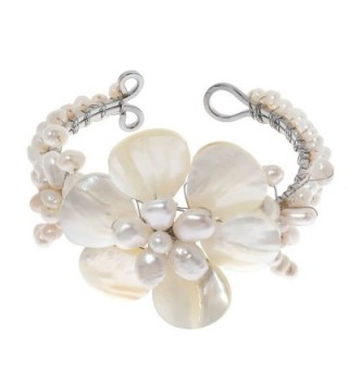 Lily Elegance White Shell Mother of Pearl Bracelet-Cultured Freshwater Pearl Beaded Cuff - CD11J1GH7W5