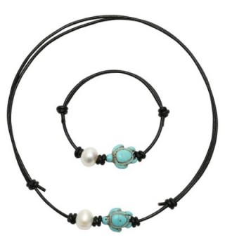 PearlyPearls Single Freshwater Cultured Pearl choker Necklace Jewelry Sets with Turtle Turquoise on Leather Cord - CU12I5WNNCN