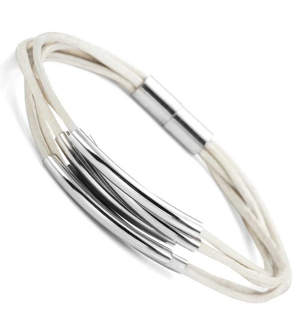 Stylish White Genuine Leather Cuff Bracelet with Strong Magnetic Clasp (Silver Color) - CX11K5I24P3