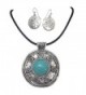 Tribal Disk on Leather Cord Simulated Turquoise Necklace & Earrings Set - CF12MYK2XEI