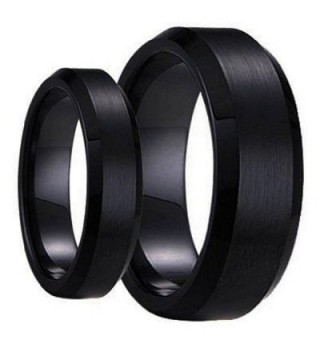 His & Her's Matching Set 6mm / 8mm Black Brushed Center Beveled Edge Tungsten Carbide Wedding Band Set - CW11C3B4ROB