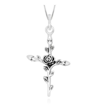925 Sterling Silver Vintage Rose Flower Cross Pendant Necklace- 18" - C512KVD799H