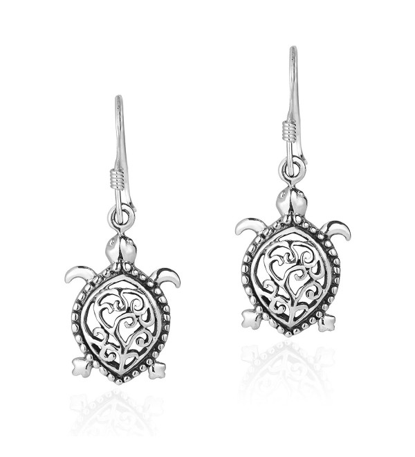 Detailed Swirl Pacific Turtle .925 Sterling Silver Dangle Earrings - CS12KGZ774H