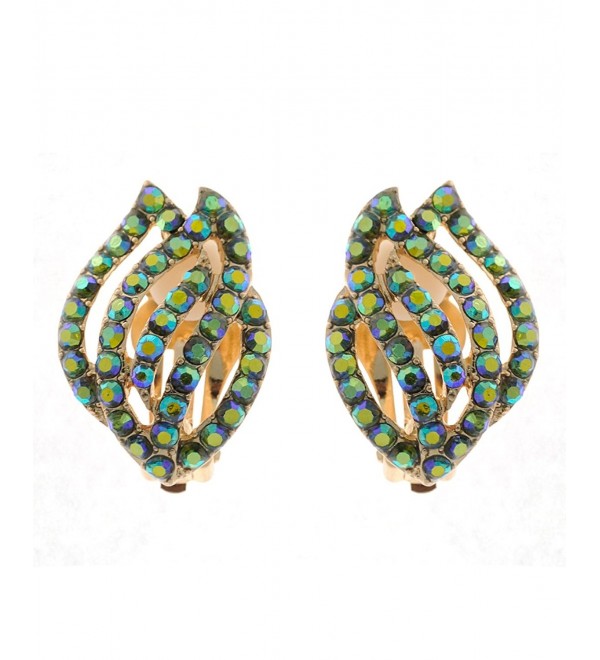 Flaring Flames Design Colored Mini Stones Fashion Clip On Earrings - Green Tint Aurora Borealis/Gold-Tone - C012BWGRU2X