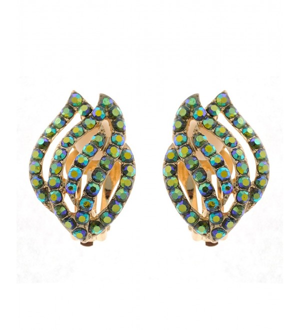 Flaring Flames Design Colored Mini Stones Fashion Clip On Earrings - Green Tint Aurora Borealis/Gold-Tone - C012BWGRU2X