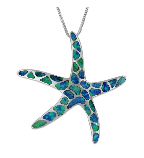Sterling Silver Synthetic Blue Opal Starfish Pendant Necklace- 16+2" Extender - C411B7ZR2OV