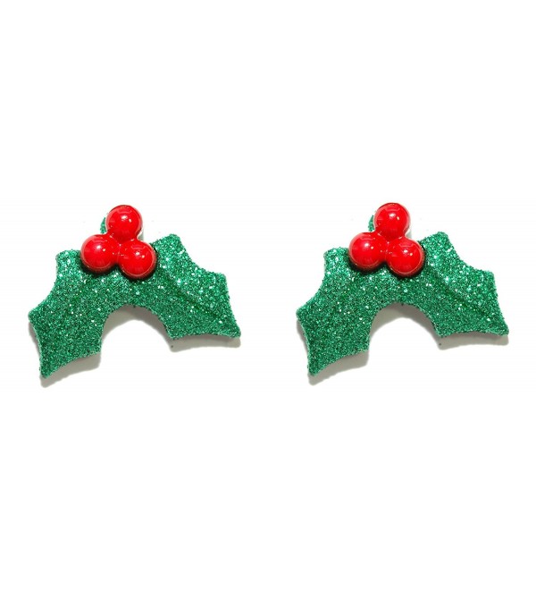 Glittery Christmas Holly Holiday Stud Earrings (H036) - C8183GNNL46