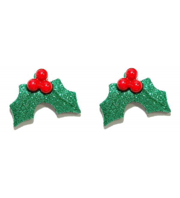 Glittery Christmas Holly Holiday Stud Earrings (H036) - C8183GNNL46