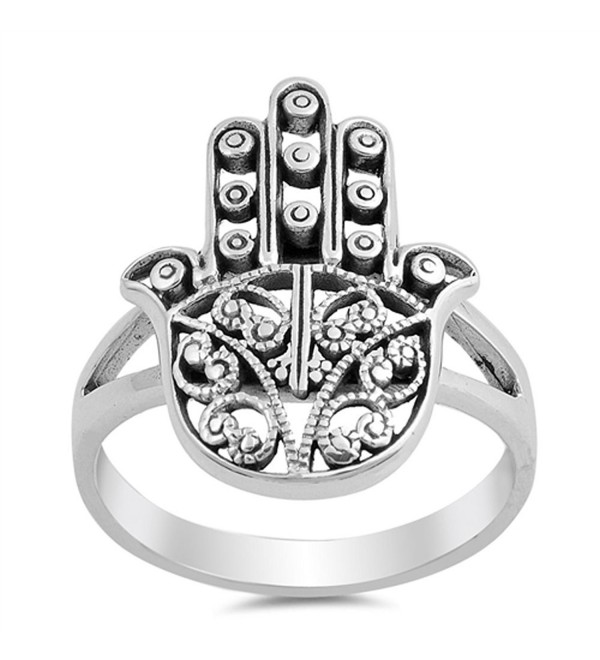 Filigree Hand of God Hamsa Ring New .925 Sterling Silver Heart Band Sizes 5-10 - CF12HBSJN0D