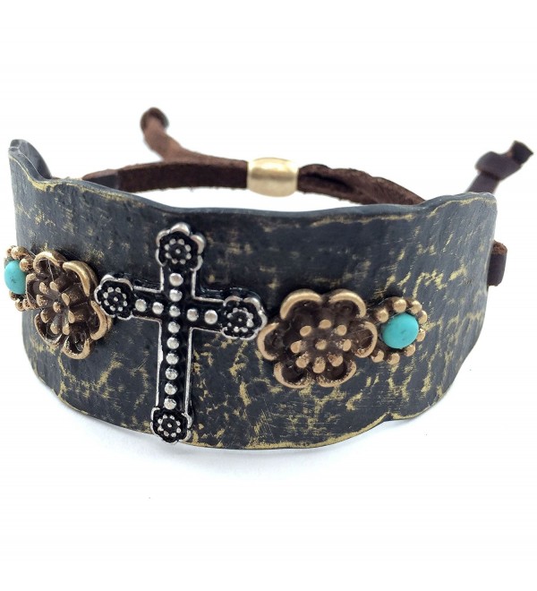 Western Peak Western Copper Rhinestone Hammered Plate Cross Rose Turquoise Brown Leather Cuff Bracelet - CG129E04IQP