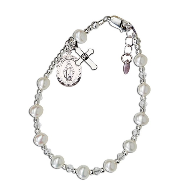 Children's Sterling Silver Communion Rosary Bracelet with Cultured Pearl and Crystal (6-6.5") - White - CK12OD2S2J0