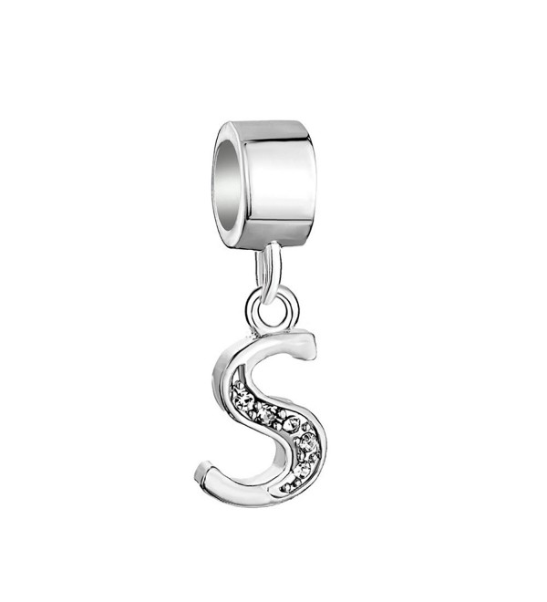 QueenCharms 925 Sterling Silver Letter Charms Dangle with Crystals Bead for Bracelet Letter S - CF12O1YDV2K