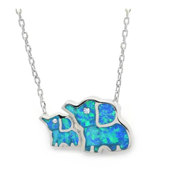 Created Opal Elephant Necklace Family Mother Baby Blue Sterling Silver 17-inches - CZ185U2W4CD