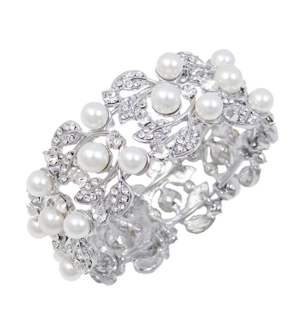 EVER FAITH Flower Ivory Color Cream Simulated Pearl Bracelet Clear Austrian Crystal Silver-Tone - CT11BGDOESB