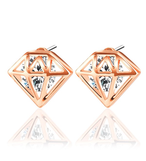 Stud Earrings- UHIBROS Unisex Stainless Steel Cubic Zirconia Diamond Shaped Earrings Stud - rose gold - CR12O6SF2C7