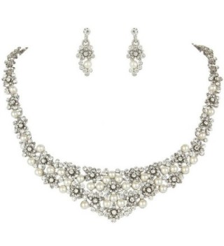 EVER FAITH Wedding Cream Simulated Pearl Orchid Cluster Jewelry Set Clear Austrian Crystal - CB11GREH4KT