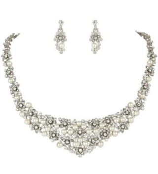 EVER FAITH Wedding Cream Simulated Pearl Orchid Cluster Jewelry Set Clear Austrian Crystal - CB11GREH4KT