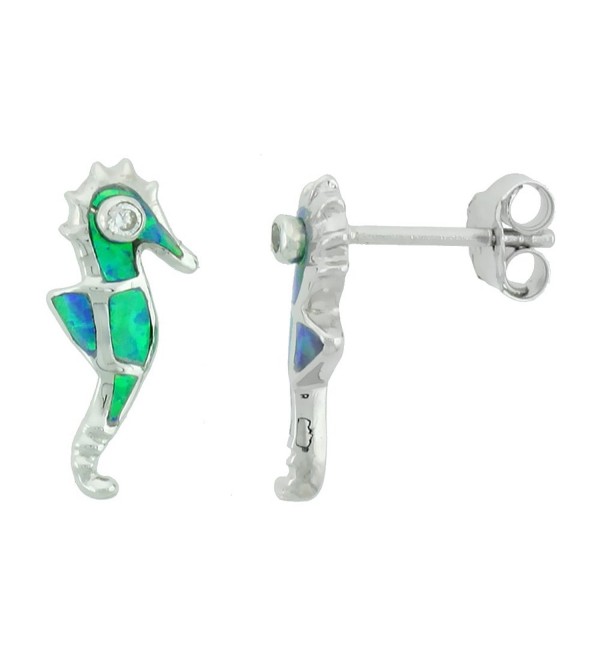 Small Sterling Silver Synthetic Opal Seahorse Stud Earrings 3/4 inch - CC113CE7ICL