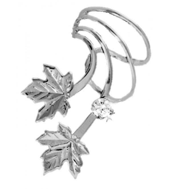 Maple Leaf with CZ Rhodium on Silver Short Wave Ear Cuff Earring Wraps - CF17YTRLL3S