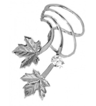 Maple Leaf with CZ Rhodium on Silver Short Wave Ear Cuff Earring Wraps - CF17YTRLL3S