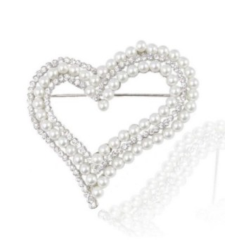 EVER FAITH Bridal Silver-Tone Dual Simulated Pearl Heart Clear Austrian Crystal Brooch - CS11DCSI01F