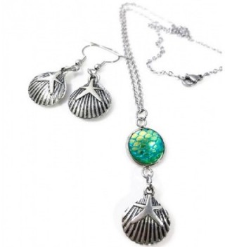 Seashell Mermaid Scale Necklace and Dangle Earrings Set - Green - C3185UX6XMA