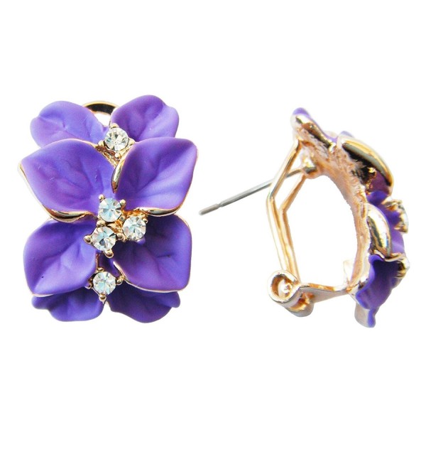 18k Gold Plated Crystal Purple Enamel Leaves Flower Omega Earrings ...