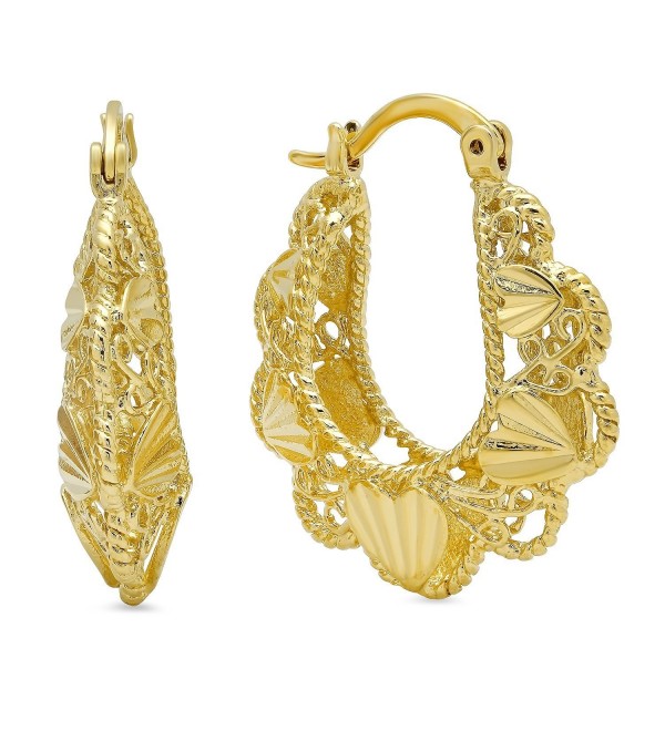 14k Gold Plated Filigree Hoop Earrings w/ Hearts Design- 1