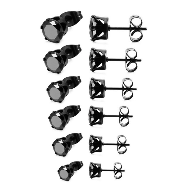 MOWOM Black 3~8mm 12PCS Stainless Steel Stud Earrings CZ Round Set ( 6 Pairs ) - CS12HOS7Y9R