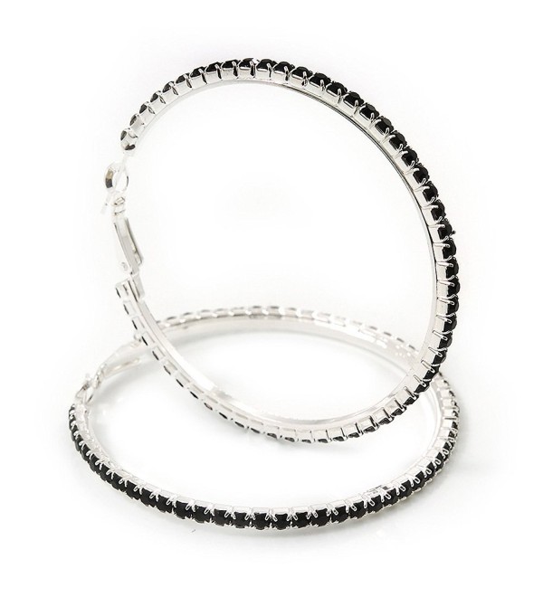 Jet Black Austrian Crystal 'Hoop' Earrings In Rhodium Plating - 6cm D - CY11CJSTFIL