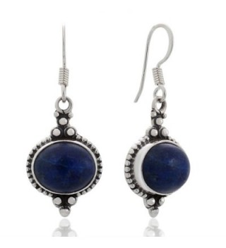 925 Sterling Silver Natural Gemstone Indian Inspired Vintage Oval Dangle Hook Earrings 1.5" - Lapis Lazuli - C312BOY8AXP