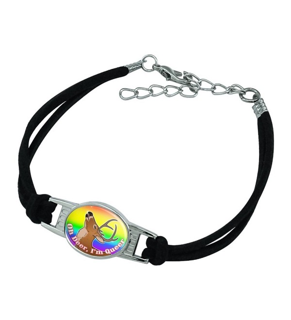 Oh Deer I'm Queer Rainbow Pride Gay Lesbian Funny Novelty Suede Leather Metal Bracelet - black - CV189SA4AUZ