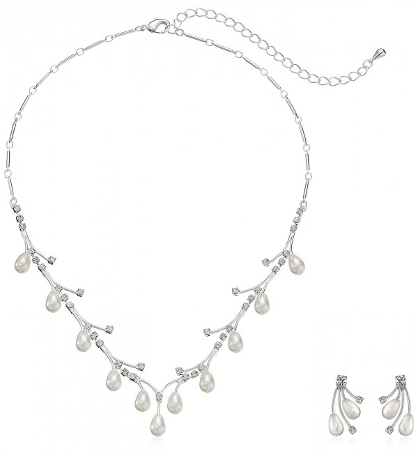 ACCESSORIESFOREVER Bridal Wedding Prom Jewelry Set Crystal Rhinestone Pear Dangle Pearls Link Necklace - CK11CCNC9FJ