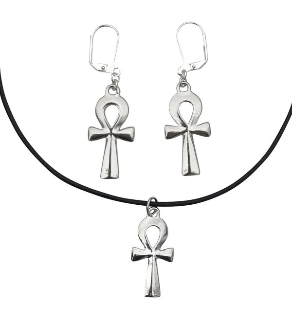 DragonWeave Anhk Charm Necklace & Earring Set- Silver Plated Black Leather Adjustable Choker - CP182KH5MU0