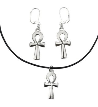 DragonWeave Anhk Charm Necklace & Earring Set- Silver Plated Black Leather Adjustable Choker - CP182KH5MU0